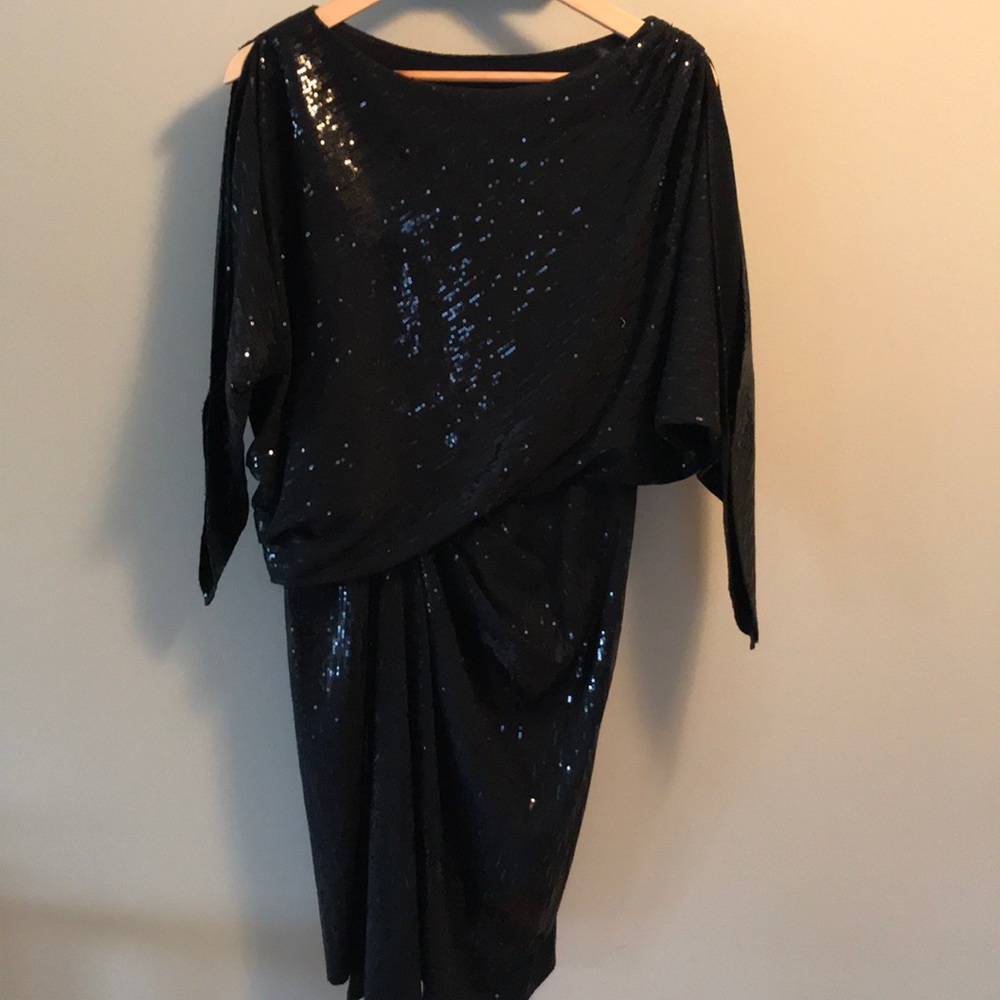 David Meister batwing black sequined jersey dress